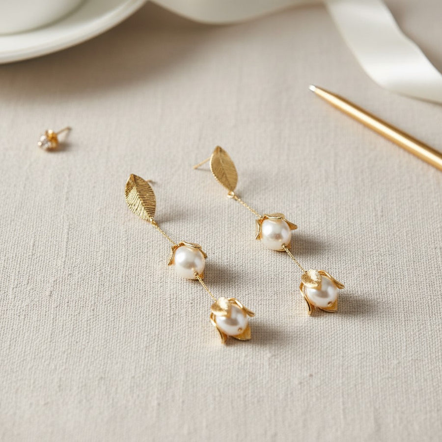 Golden Pearl Bloom Drop Earrings