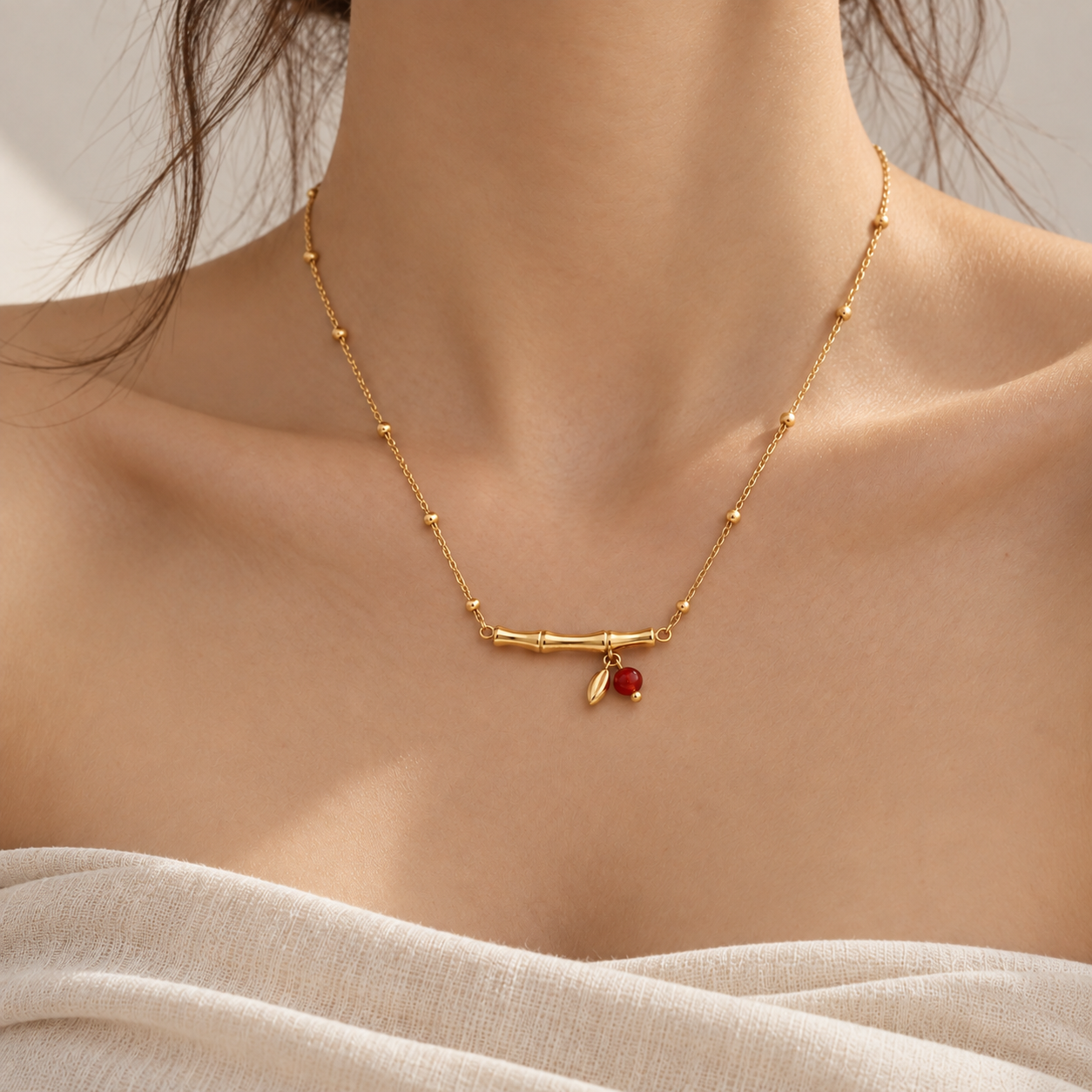 The Red Agate Bamboo Charm Necklace