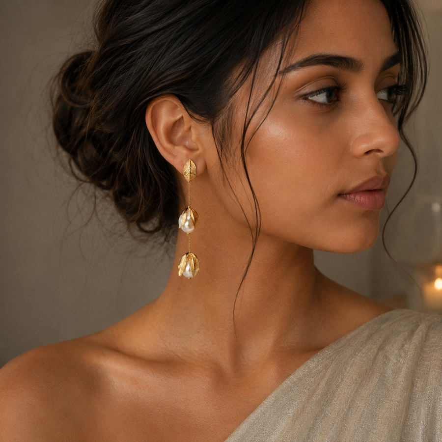 Golden Pearl Bloom Drop Earrings