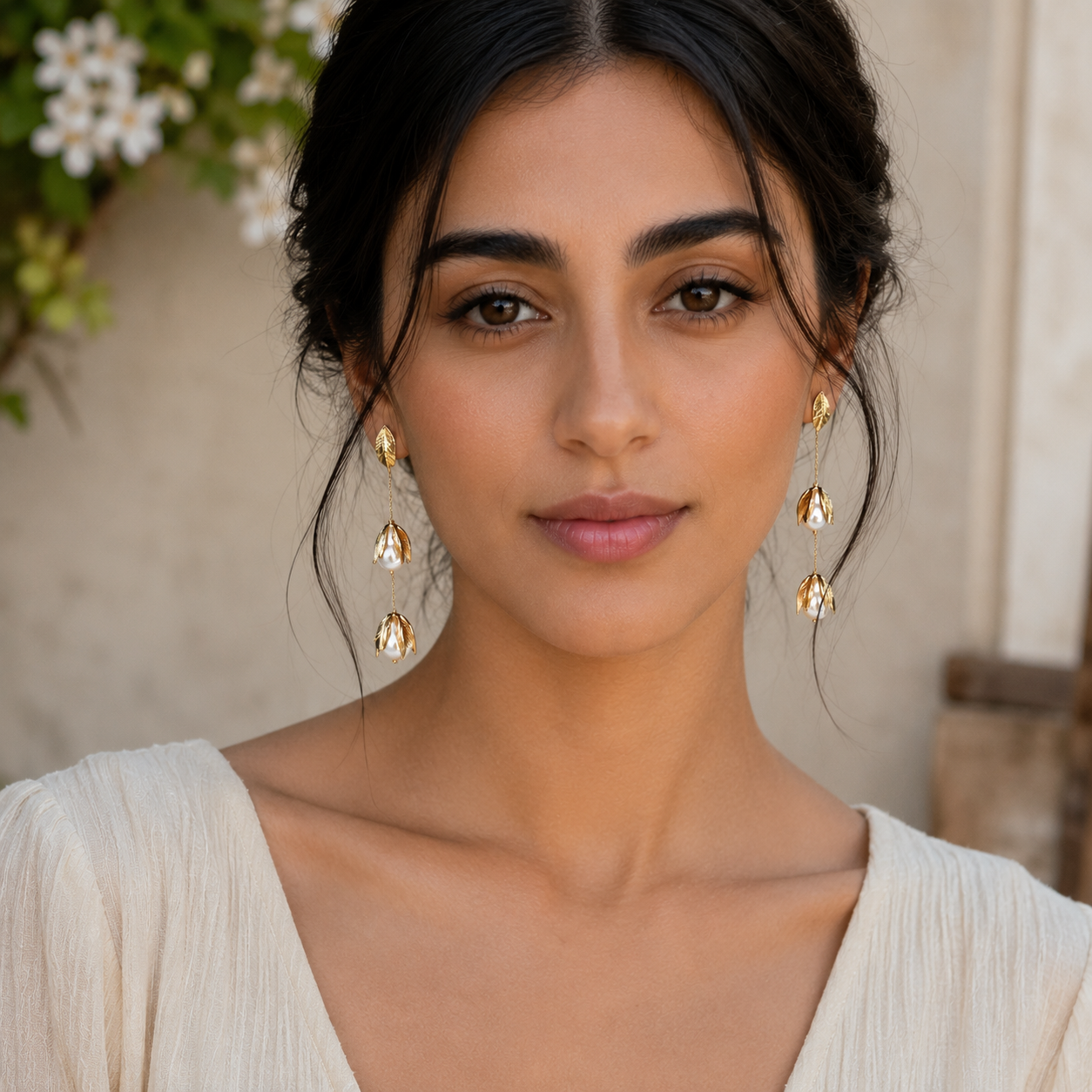 Golden Pearl Bloom Drop Earrings